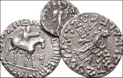 MIXED. Oriental Greek-Central Asian. Lot of Three (3) Indo-Greek and Indo-Skythian AR and BI. Includes: Menander I. AR Drachm. Heroic bust left / Athena // Azes. BI Tetradrachm. King on horseback / Ze