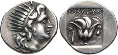 ISLANDS off CARIA, Rhodos. Rhodes . Circa 188-170 BC. AR Drachm (15mm, 3.00 g, 12h). ‘Plinthophoric’ coinage. Aristoboulos, magistrate. Radiate head of Helios right / Rose with bud to right; club to l