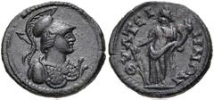 LYDIA, Thyateira. Pseudo-autonomous issue. 2nd-3rd centuries AD. Æ (20mm, 4.77 g, 12h). Helmeted bust of Athena right, wearing aegis / Tyche standing left, holding rudder and cornucopia. SNG Munich 58