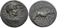 LYDIA, Tralles. Geta. As Caesar, AD 198-209. Æ (18mm, 2.85 g, 6h). Laureate, draped, and cuirassed bust right / Two bulls walking right. SNG Munich 767; SNG Copenhagen -; SNG von Aulock -; BMC -. VF, 