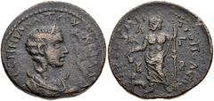 CILICIA, Tarsus. Herennia Etruscilla. Augusta, AD 249-251. Æ (28mm, 15.02 g, 12h). Draped bust right wearing stephane, crescent at shoulder / Dionysus standing facing, head right, holding cantharus ov