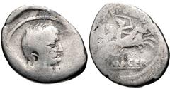 The Triumvirs. Mark Antony. April-May 44 BC. AR Denarius (19mm, 3.64 g, 9h). Rome mint. Veiled and bearded head right / Figure wearing conical hat riding right on horseback, holding whip and driving p