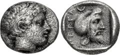 Greek MYSIA, Pergamon. Circa 400 BC. AR Hemidrachm (11mm, 1.60 g, 12h). Chian standard. Laureate head of Apollo right / Bearded head right, wearing Persian tiara, within incuse square. Von Fritze, Per