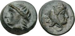 Greek AEOLIS, Uncertain. Gongylos II. Tyrant of Myrina and Gryneion, circa 400 BC. Æ (9mm, 1.64 g, 11h). Head of Apollo right, wearing tainia / Ivy leaf; monogram of the Gongylids to lower left. Trait