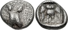 Greek LYCIA, Phaselis. 5th-4th centuries BC. AR Obol (10mm, 1.18 g). Astragalos / Owl standing facing, wings spread, within incuse square. Cf. Heipp-Tamer 80 (for a later issue with these types and et