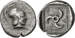 Greek DYNASTS of LYCIA. Vekhssere I. Circa 450-430/20 BC. AR Sixth Stater (10.5mm, 1.11 g). Uncertain mint. Helmeted head of Athena right / Triskeles in dotted square within incuse square. MAL I Type 