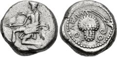 Greek CILICIA, Soloi. Circa 440-410 BC. AR Third Stater (13.5mm, 3.36 g, 9h). Amazon kneeling left, quiver and bowcase at her side, holding bow; to right, facing head of satyr / Grape bunch on vine; a
