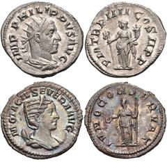 ROMAN. Imperial. Lot of Two (2) AR Antoniniani of Philip I and Otacilia Severa. Includes: Philip I. Rome mint. Struck AD 247. Radiate, draped, and cuirassed bust right / Felicitas standing left, holdi