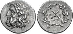 Greek ACHAIA, Achaian League. Messene. Circa 175-168 BC. AR Triobol – Hemidrachm (16mm, 2.44 g, 1h). Laureate head of Zeus left / Monogram of the Achaian League; N-Φ across field, M below; all within 