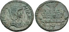 Roman Provincial PAMPHYLIA, Side. Julia Soaemias. Augusta, AD 218-222. Æ (24mm, 8.87 g, 6h). Draped bust right / Prize table, seen in perspective, holding agonistic prize crown containing two palm fro