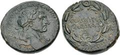 Roman Provincial CYRRHESTICA, Hierapolis. Trajan. AD 98-117. Æ (28mm, 17.56 g, 11h). Hailing the goddess of Syria and Hieropolis. Laureate bust right, draped left shoulder / ΘΕΑC CYPIA/C IЄPOΠOΛЄI A, 