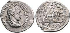 Elagabalus. AD 218-222. AR Denarius (20mm, 2.99 g, 6h). Eastern mint. Struck AD 218-219. Laureate, draped, and cuirassed bust right / Slow quadriga right, bearing the sacred Stone of Emesa, upon which