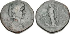 Roman Imperial Manlia Scantilla. Augusta, AD 193. Æ Sestertius (27mm, 18.79 g, 12h). Rome mint. Struck under Didius Julianus. Draped bust right / Juno standing left, holding patera and vertical scepte