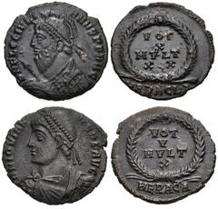 ROMAN. Imperial. Lot of two (2) Æ of Julian II and Jovian. Includes: Julian II. AD 360-363. Æ. Heraclea mint, 1st officina. Diademed, helmeted and cuirassed bust left, holding spear and shield / VOT/ 