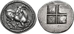 Greek THRACO-MACEDONIAN TRIBES, Mygdones or Krestones. Circa 480-470 BC. AR Stater (23mm, 9.24 g). Goat kneeling right, head reverted, on dotted ground line; ΔE monogram above / Quadripartite incuse s