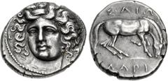 Greek THESSALY, Larissa. Circa 365-356 BC. AR Drachm (19mm, 6.07 g, 5h). Head of the nymph Larissa facing slightly left, hair in ampyx, wearing linear necklace / Horse standing left, preparing to lie 