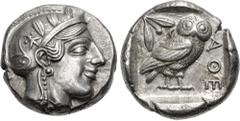 Greek ATTICA, Athens. Circa 454-404 BC. AR Tetradrachm (23.5mm, 17.21 g, 2h). Head of Athena right, with frontal eye, wearing earring, necklace, and crested Attic helmet decorated with three olive lea
