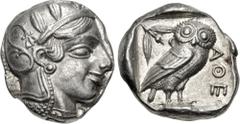 Greek ATTICA, Athens. Circa 454-404 BC. AR Tetradrachm (22.5mm, 17.18 g, 2h). Head of Athena right, with frontal eye, wearing earring, necklace, and crested Attic helmet decorated with three olive lea