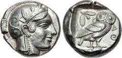Greek ATTICA, Athens. Circa 454-404 BC. AR Tetradrachm (24mm, 17.20 g, 4h). Head of Athena right, with frontal eye, wearing earring, necklace, and crested Attic helmet decorated with three olive leave