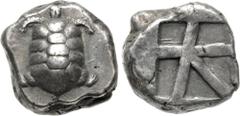 Greek ISLANDS off ATTICA, Aegina. Circa 456/45-431 BC. AR Stater (17.5mm, 12.31 g, 4h). Land tortoise with segmented shell / Large square incuse with heavy skew pattern. Meadows, Aegina, Group IIIb; M