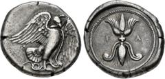Greek ELIS, Olympia. 89th-90th Olympiad. 424-420 BC. AR Stater (24.5mm, 12.03 g, 10h). Obverse die signed by Da–. Eagle, wings spread, standing right on, and holding the neck of, a serpent, while the 