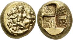 Greek MYSIA, Kyzikos. Circa 450-330 BC. EL Hekte – Sixth Stater (9.5mm, 2.69 g). Helios, radiate and nude, crouching right, arms spread, holding in his hands the reins of two horse foreparts facing le