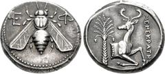 Greek IONIA, Ephesos. Circa 390-325 BC. AR Tetradrachm (24mm, 15.29 g, 12h). Menekrates (II), magistrate. Class C, circa 380-370 BC. Bee with straight wings, seen from above; E-Φ flanking head / Forep