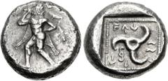 Greek DYNASTS of LYCIA. Vekhssere I. Circa 450-430/20 BC. AR Stater (18mm, 8.50 g). Uncertain mint (Telmessos?). Figure of Herakles, nude but for lion skin headdress hanging behind him, advancing left