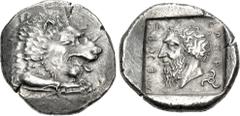 Greek DYNASTS of LYCIA. Mithrapata. Circa 390-370 BC. AR Stater (25.5mm, 9.64 g, 9h). Forepart of lion right / Head of Mithrapata left; MITHR-A-P-ATA in Lycian around, triskeles to lower right; all wi