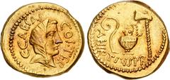 The Robert W. Hubel Collection, Assembled 1929-1939 The Caesarians. Julius Caesar. Early 46 BC. AV Aureus (19mm, 8.14 g, 3h). Rome mint; A. Hirtius, praetor. Veiled head of female (Vesta or Pietas?) r
