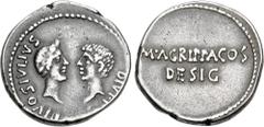 Roman Republican The Triumvirs. Octavian, Divus Julius Caesar, and Agrippa. 38 BC. AR Denarius (19mm, 3.80 g, 3h). Military mint traveling with Agrippa in Gaul or Octavian in Italy. Laureate head of t
