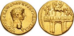 Roman Imperial Claudius. AD 41-54. AV Aureus (18mm, 7.81 g, 3h). Rome mint. Struck AD 46-47. TI CLAVD CAESAR • AVG • P • M • TR • P • VI IMP • XI, laureate head right / DE BRITANN on architrave, trium