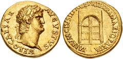 Roman Imperial Nero. AD 54-68. AV Aureus (18mm, 7.33 g, 12h). Rome mint. Struck circa AD 64-66. NERO CAESAR AVGVSTVS, laureate head right / IANVM CLVSIT PACE P R TERRA MARIQ PARTA, closed doors of the
