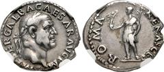 Roman Imperial Galba. AD 68-69. AR Denarius (18.5mm, 3.50 g, 6h). Rome mint. Struck circa July AD 68-January AD 69. IMP SER GALBA CAESAR AVG P M, laureate head right / ROMA RENASCES, Roma, helmeted an