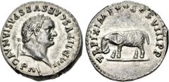 Roman Imperial Titus. AD 79-81. AR Denarius (17mm, 3.31 g, 6h). Rome mint. Struck 1 January-30 June AD 80. IMP TITVS CAES VESPASIAN AVG P M, laureate head right / TR P IX IMP XV COS VIII P P, elephant