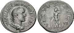 Roman Imperial Gordian II. AD 238. AR Denarius (19.5mm, 2.78 g, 6h). Rome mint. Struck 1-22 April. IMP M ANT GORDIANVS AFR AVG, laureate, draped, and cuirassed bust right / VIRTVS AVGG, Virtus, helmet