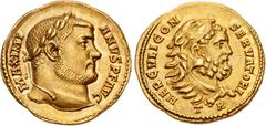 Roman Imperial Maximianus. First reign, AD 286-305. AV Aureus (18.5mm, 5.19 g, 6h). Treveri (Trier) mint. Struck March AD 302. MAXIMI ANVS P F AVG, laureate head right / HERCVLI CON SERVATORI, head of