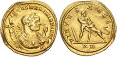 Roman Imperial Maximianus. First reign, AD 286-305. AV Aureus (21mm, 5.01 g, 12h). Rome mint. Struck AD 287. V IRTVS MAXIMIANI AVG, laureate, draped, and cuirassed half-length bust right, holding hast