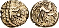 British CELTIC, Atrebates & Regni. Commius. Circa 45-30 BC. AV Stater (16mm, 5.48 g, 12h). Commios Muzzles type (Atrebatic C). Devolved head of Apollo right, with two 'hidden face' motifs / Celtic hor