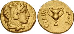 Greek KINGS of MACEDON. temp. Philip II – Alexander III. Circa 340/36-328 BC. AV Eighth Stater (9mm, 1.05 g, 5h). In the name and types of Philip II. Pella mint. Head of Herakles right, wearing lion s