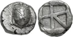 Greek ISLANDS off ATTICA, Aegina. Circa 456/45-431 BC. AR Stater (19.5mm, 12.15 g, 9h). Land tortoise with segmented shell / Large square incuse with heavy skew pattern. Meadows, Aegina, Group IIIb; M