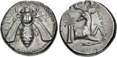 Greek IONIA, Ephesos. Circa 400-390 BC. AR Tetradrachm (23.5mm, 15.06 g, 12h). Chian standard. Ekatokles, magistrate. Bee, with curved wings, seen from above / Forepart of stag right, head left; palm 