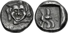 Greek CARIA, Uncertain. 5th century BC. AR Triobol (14mm, 3.84 g, 12h). Aeginetic standard. Gorgoneion with four wings in circular pattern around / Harpy flying right within incuse square. Traité II 1