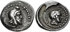 Greek DYNASTS of LYCIA. Ddenewele. Circa 420/10-400 BC. AR Sixth Stater (10mm, 0.66 g, 8h). Xanthos or Tlos mint. Bearded head right, wearing kyrbasia / Helmeted head of Athena right in dotted circle 