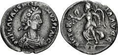 Roman Imperial Valentinian III. AD 425-455. AR Half Siliqua (13.5mm, 0.82 g, 6h). Rome mint. Rosette-diademed, draped, and cuirassed bust right / Victory advancing left, holding wreath and palm frond;