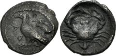 Greek SICILY, Akragas. Circa 450-440 BC. AR Litra (11.5mm, 0.69 g, 10h). Eagle standing left on Ionic capital / Crab; lotus below. Westermark, Coinage, Period II, Series A, 450 (O2/R2); HGC 2, 113; SN