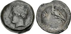 Greek SICILY, Akragas. Circa 400-380 BC. Æ Hemilitron (27mm, 18.05 g, 1h). Horned head of young river god Akragas left, wearing tainia / Eagle standing left, head right, on Ionic capital; crab to left