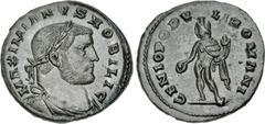 Roman Imperial Galerius. As Caesar, AD 293-305. Æ Follis (27mm, 9.12 g, 8h). Londinium (London) mint. Struck circa AD 303-1 May 305. Laureate and draped bust right / Genius standing left, holding pate