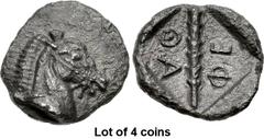 Lot of 4 coins. (21.1) THESSALY, Thessalian League. Circa 470s-460s BC. AR Obol (8mm, 0.73 g, 8h). Head and neck of bridled horse r. / ΘΕ-ΘΑ, club placed diagonally in incuse square. Nomos 4, 1007 (sa
