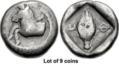 Lot of 9 coins. (22.1) THESSALY, Thessalian League. Circa 470s-460s BC. AR Hemidrachm (12mm, 2.83 g, 12h). Forepart of horse l., border of dots / Θ-Ε, wheat grain in incuse square, small square skew c
